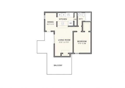 Floor plan for 1 bed, 1 bath, 755 sqft